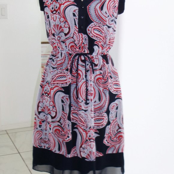 Enfocus Studio Chiffon Navy Blue Red White Paisley Print V-Neck Dress Sz 4 / S - Picture 9 of 15